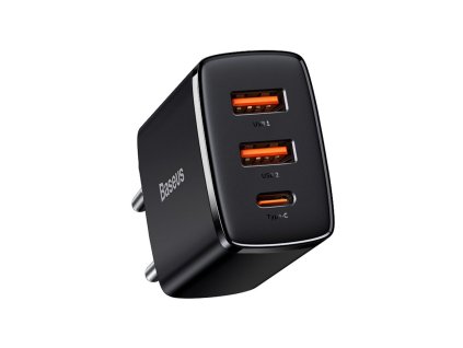 Adaptor de încărcare rapidă Baseus 2xUSB, USB-C, PD, 3A, 30W, negru