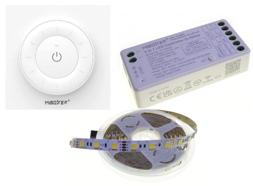 Inštalačné pokyny pre použitie otočného stmievača MiBoxer K3 spolu s kontrolerom FUT035S+ a pripojeným CCT LED pásikom.