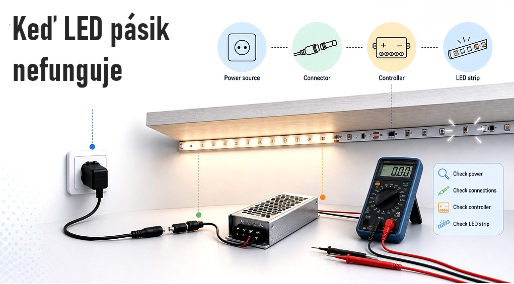 Prečo LED pásik nesvieti? Najčastejšie chyby, rýchla diagnostika, oprava a praktické riešenia