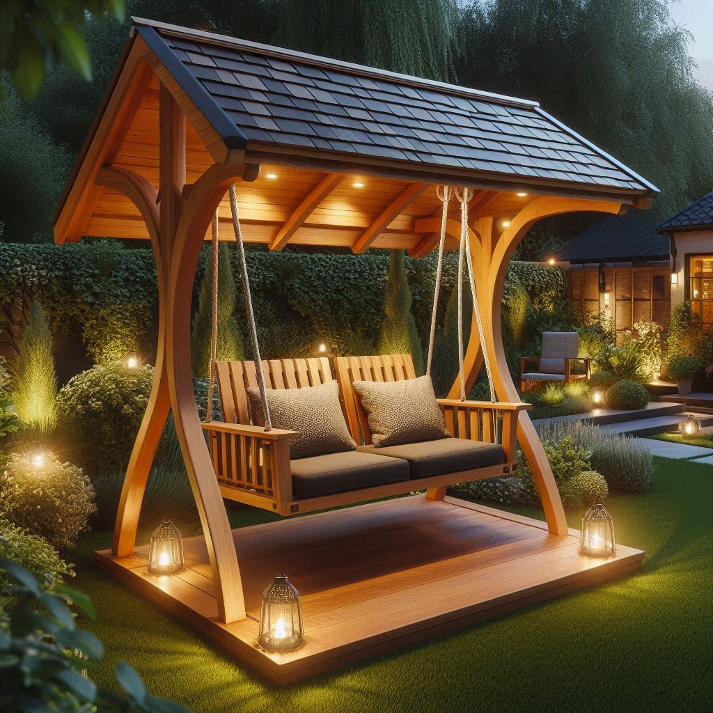 LED solárne svietidlá použité pri osvetlení záhradného sedenia, hojdačky