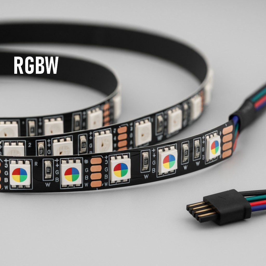 RGBW 4 segmentový LED pásik s porovnaním bielej farby