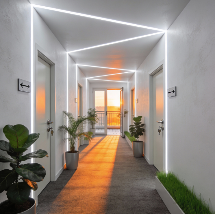 LED pás pri osvetlení priestorov chodieb s použitím dlhých LED pásikov