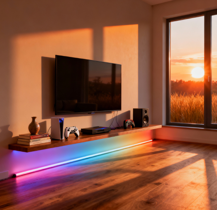 úzky RGB LED pásik v úzkej lište pre osvetlenie police v obývačke