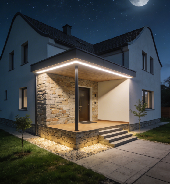 vonkajšie osvetlenie domu 230V LED pásom a pohybovym senzorom na 230V