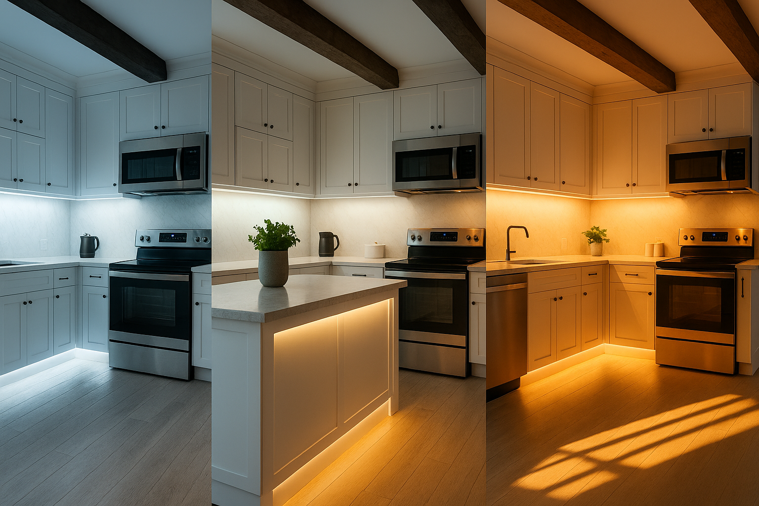 kuchnská linka osvetlená duálnam CCT LED pásikom s rôznoch bielou farbou svetla