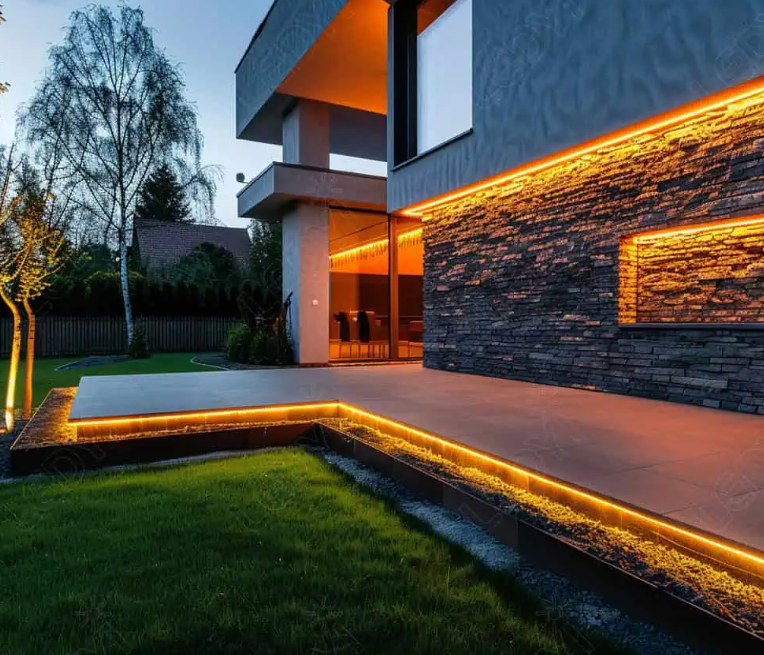 COB LED pás 230V na záhrade, na priečelí a na fasáde domu