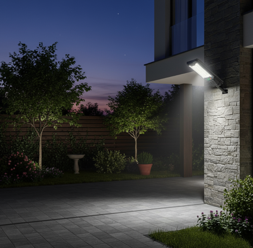 solarna lampa na dome so solárnym panelom, osvetlenie okolia dmou