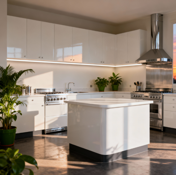 biela kuchynská linka, LED pásiky pod skrinkami v bielych lištách