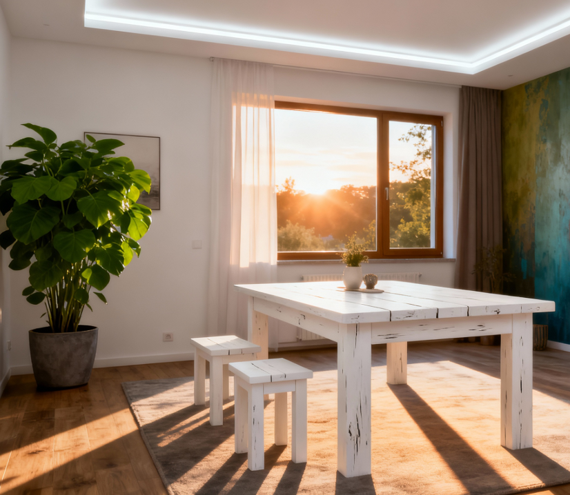 230V dlhý LED pás osvetľuje znížený strop v obývacej izbe