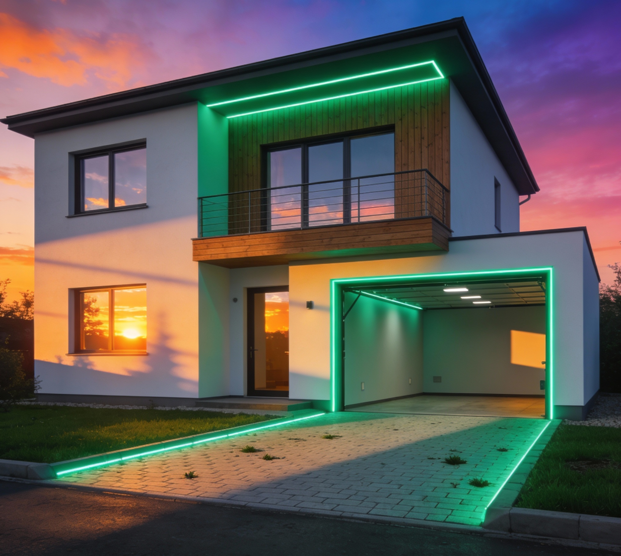 farebné osvetlenie fasády, strechy a príjazdovej cesty ku garáži domu