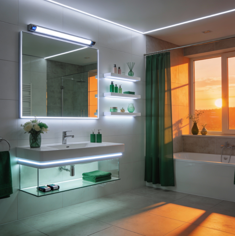 kúpeľnové led osvetlenie pomocou cob led pásikov studenej bielej farby