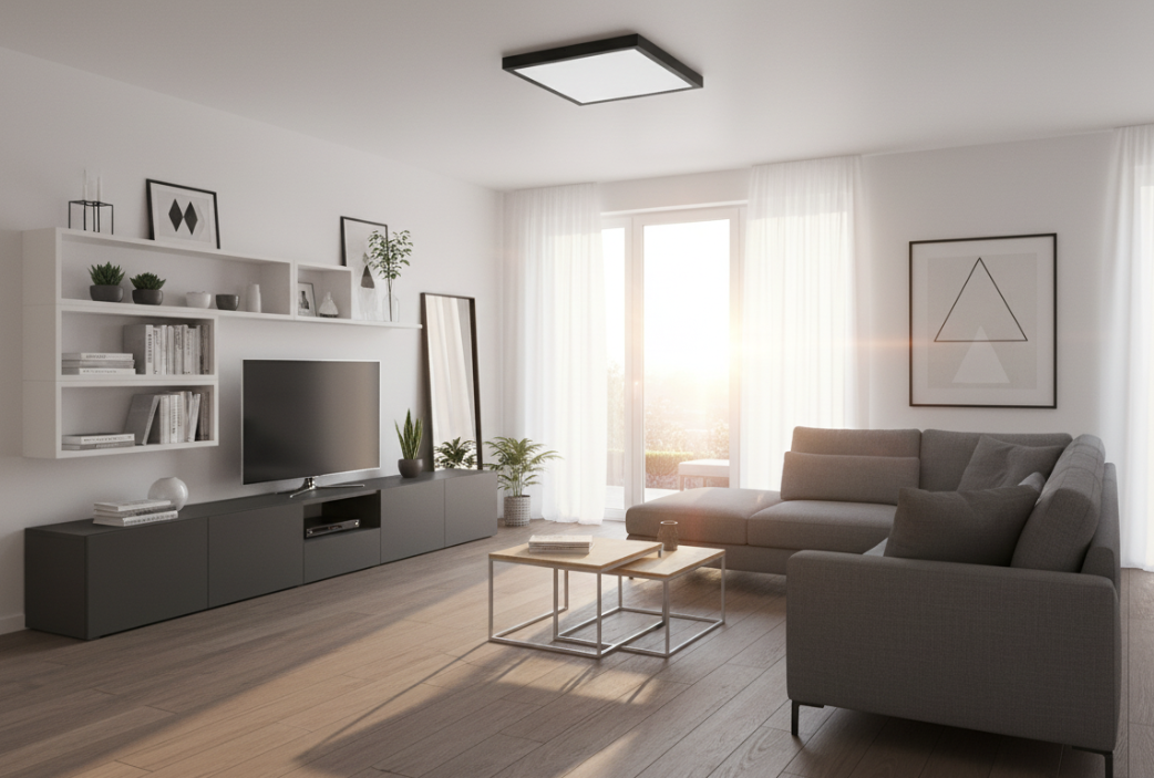 stropný led panel 60x60cm v čiernom rámiku v obývačke