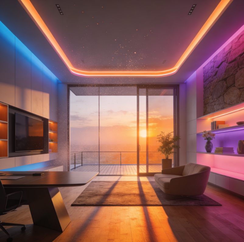 exkluzívna obývačka podsvietená RGB farebným LED pásikom