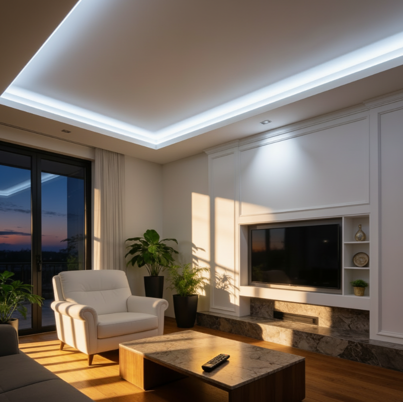 led pásik osvetľule znížený strov obývacej izby studeným bielym svetlom