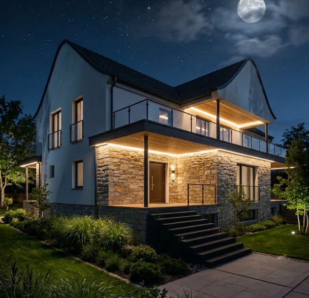 osvetlenie fasády domu LED pásom 230V v jednom kuse