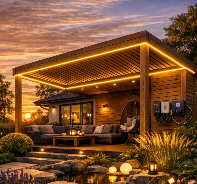 terasa domu osvetlená jedným dlhým RGB farebným LED pásom 230V