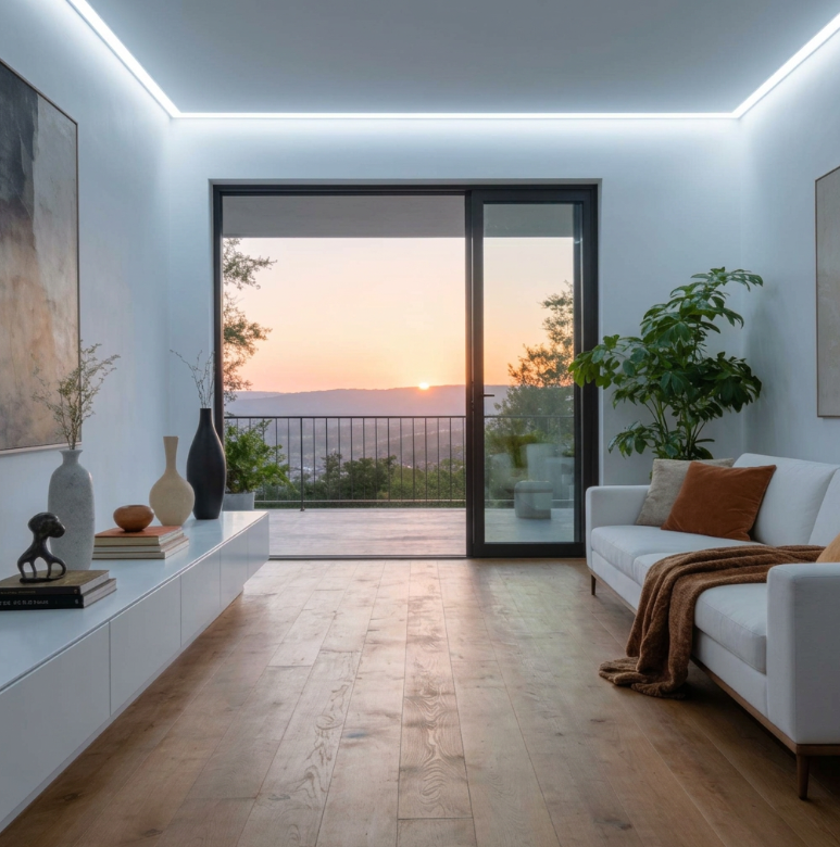 dlhy biely cct 24v led pasik so zmenou farby bielej na strope v obyvacke