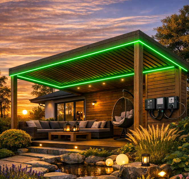 altánok pri dome osvetlený RGB LED pásom ktorý farebne svieti