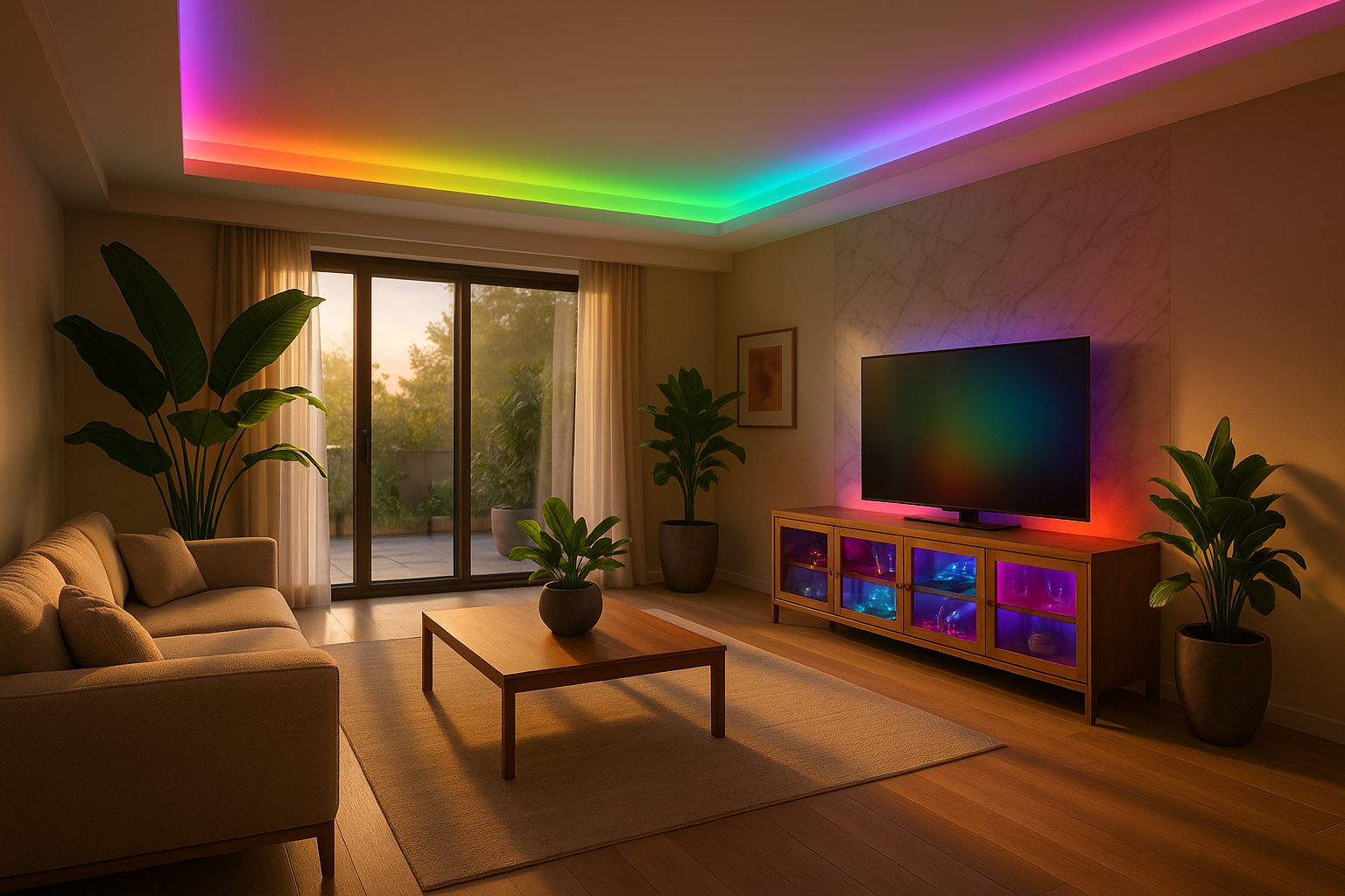 RGB farebny LED ovládač pásikov, obývacia izba, znížený strop