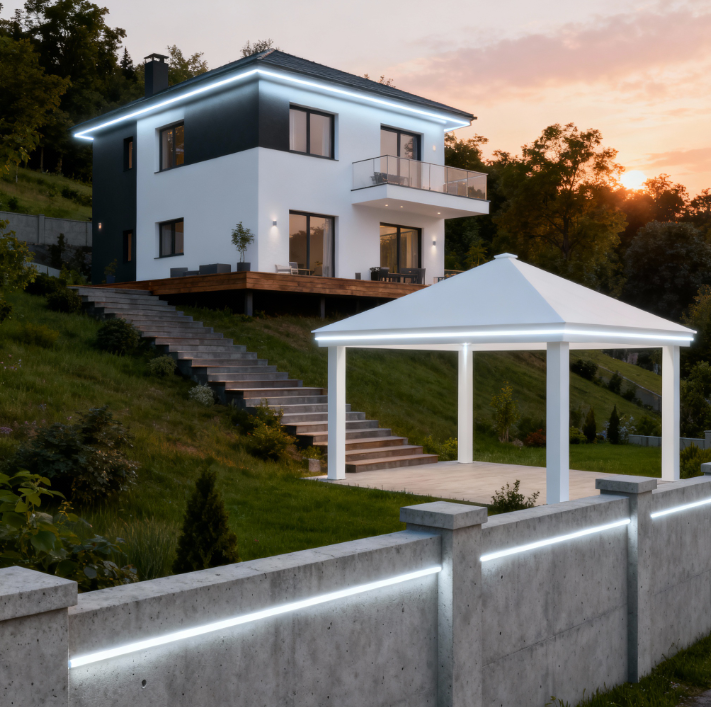 Súvislý LED pás 230V v jednom kuse pre osvetlenie altánku, plota, strechy a steny domu