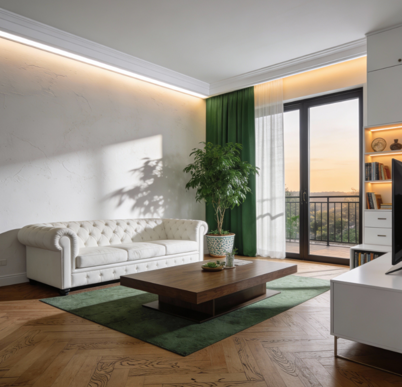 osvetlenie obývacej izby s LED pásikom v garnižovej lište