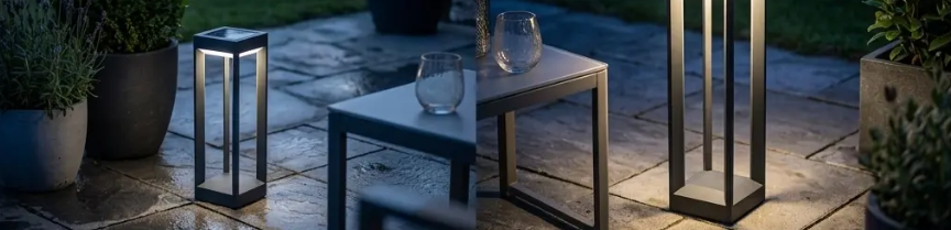 detailný pohľad na terasu osvetlenú solárnym svetlom