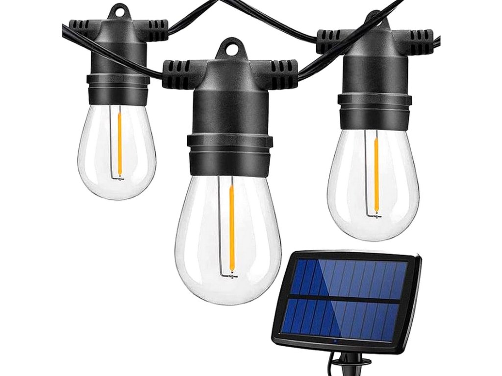 led Solárna svetelná reťaz s LED žiarovkami + hybridné nabíjanie USB-C káblikom, 10m, IP44 – produkt v použití