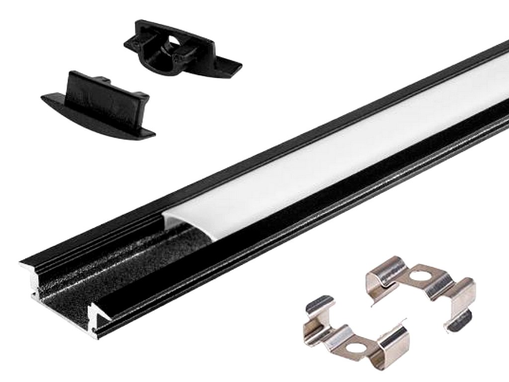 Hliníková zápustná lišta Xudo, Čierna s Bielym krytom a príslušenstvom, 10mm, 2m, tmavý/čierny difuzor na diskrétne aplikácie – lišta splynie s tmavým podkladom