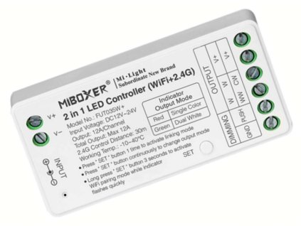 MiBoxer WiFi + RF Stmievač pre CCT Duálne alebo Jednofarebné Biele LED pásiky 12A 12V-24V, FUT035W – pohľad na diaľkový ovládač