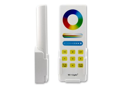 RF Diaľkové Multifunkčné LED ovládanie s držiakom, určený pre RGB, RGBW, RGB CCT, RGB+Duálne LED pásiky 4 zóny, FUT088 – produkt v použití