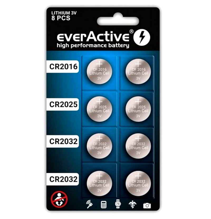 EverActive CR2032, CR2025, CR2016 sada 8ks gombíkových lítiových batérii, 3V, blister, BW5669