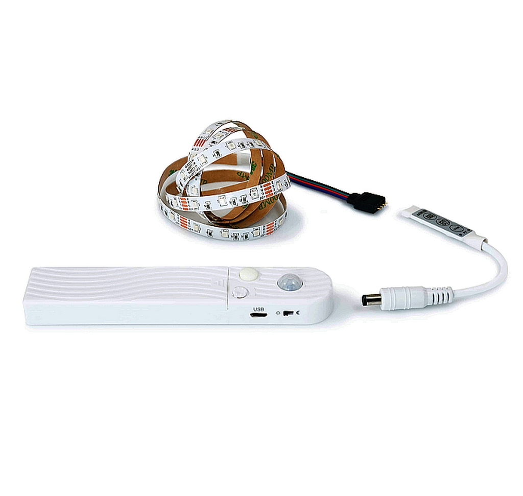 LED pásik 2m 5V RGB farebný + Biele svetlo so senzorom pohybu a svetla, AAA/USB napájanie