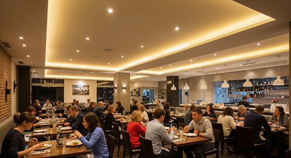 Restaurant-Gastraum mit gedimmtem Licht über den Tischen