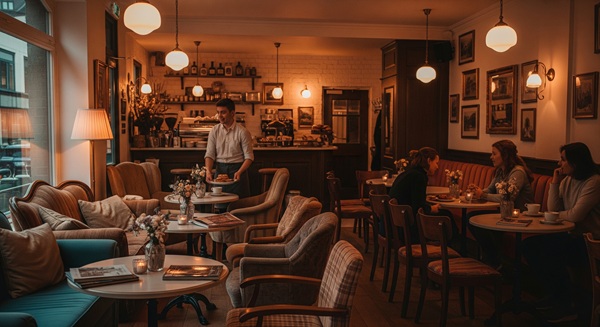 Café mit Pendelleuchten und warmem Licht