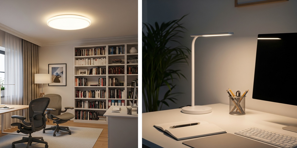 Arbeitszimmer mit Schreibtisch und LED-Beleuchtung