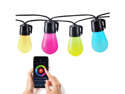 Solight LED smart venkovní řetěz s RGB žárovkami, bluetooth, 15 žárovek, 14m+6m, 10W (Barva krytu Bílá, Stupeň krytí (IP) IP44)