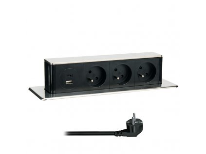 Solight 3z + USB A+C výsuvný blok zásuvek, 2m, nerez ocel