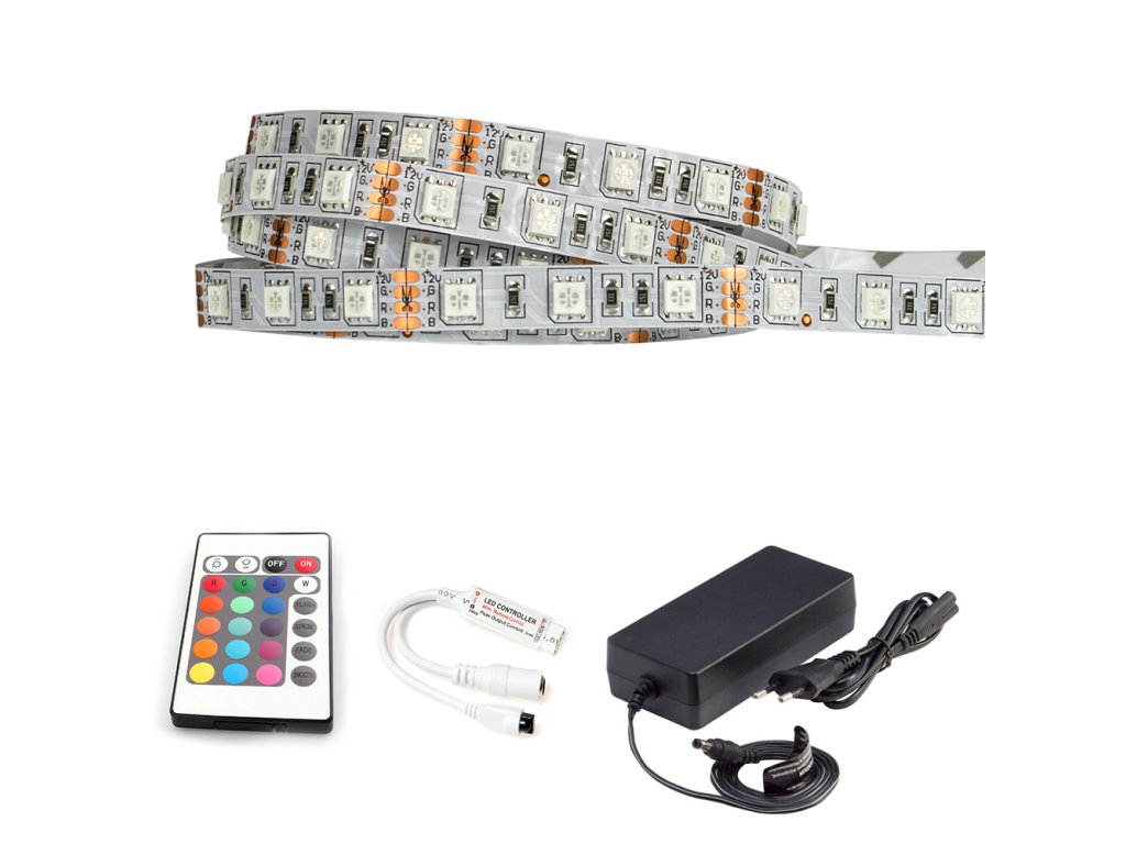 LED pásek - RGB SMD 5050 - 5m - 60LED/m - 14,4W - IP20 - sada se zdrojem