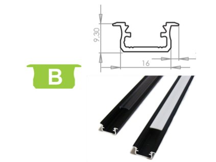 Hliníkový Profil pro LED pásky B zapuštěný Eloxovaný černý 1m