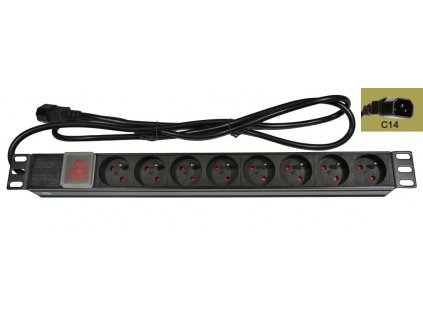Rozvodný panel 8x230V-IEC320 C14, ČSN,vypínač s kontrolkou, rack 19'' 1U, kabel 1,8m
