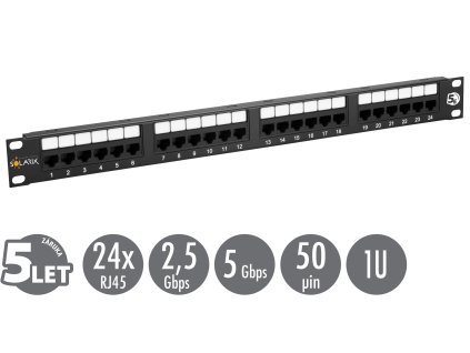 19'' patch panel Solarix 24 x RJ45 CAT5E UTP 150 MHz černý 1U SX24-5E-UTP-BK