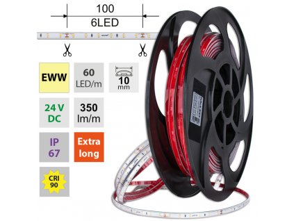 MCLED Pásek LED SMD2835 EWW, 60LED/m, 4,8W/m, DC 24V, 370lm/m, CRI90, IP67, 10mm, 50m