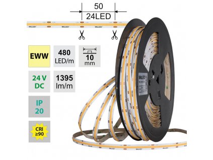 MCLED Pásek LED COB EWW, 480LED/m, 15W/m, DC 24V, 1395lm/m, CRI90, IP20, 10mm, 50m