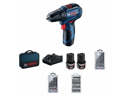 BOSCH GSR 12V-30, akumulátorový vrtací šroubovák, 0 – 420 / 0 – 1.600 ot/min, 8 mm, sada bitů a vrtáků, brašna