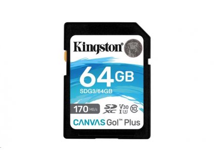 Kingston SDXC karta 64GB Canvas Go! Plus, R:170/W:90MB/s, Class 10, UHS-I, U3, V30