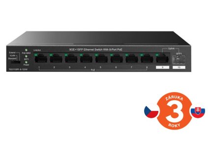 Tenda TEG1110PF-8-120W PoE+ AT switch 8xPoE 802.3af/at + Uplink RJ45 + SFP port, 110W, PoE+, fanless