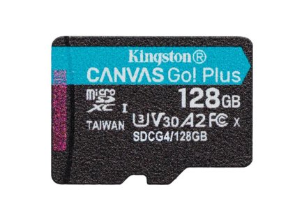 Kingston MicroSDXC karta 128GB Canvas Go! Plus, R:200/W:160MB/s, Class 10, UHS-I, U3, V30, A2 + Adaptér