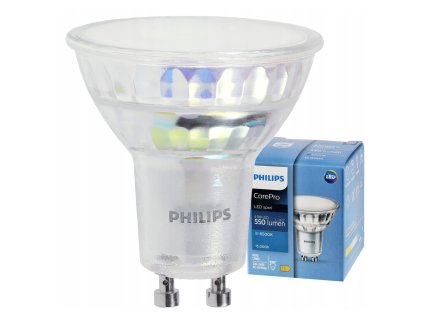 47449 47449 led zarovka philips gu10 4 9w 550 lm studena bila corepro premium