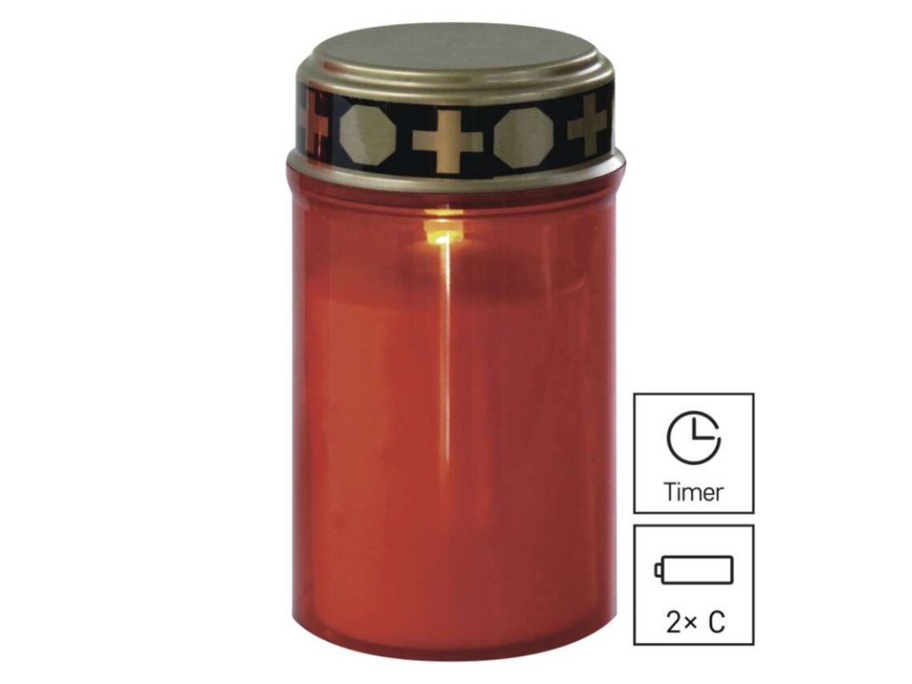 LED hřbitovní svíčka červená, 2x C, venkovní i vnitřní, teplá bílá, časovač
