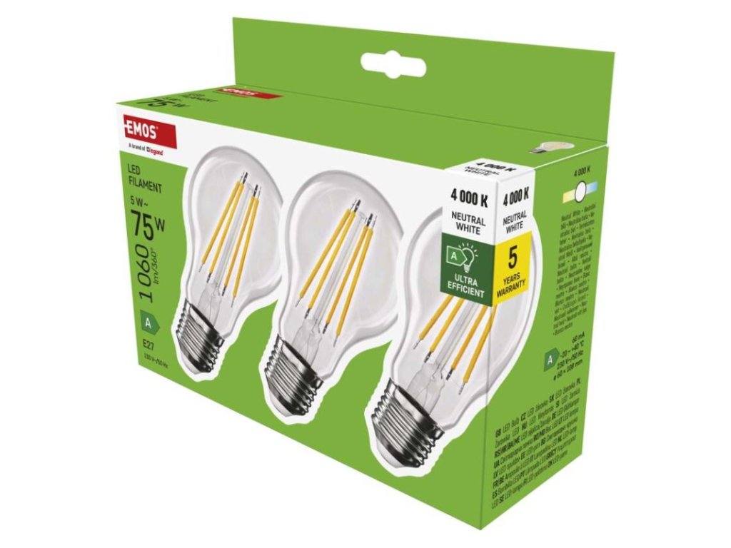 LED žárovka Filament A CLASS A60 / E27 / 5 W (75 W) / 1 060 lm / neutrální bílá